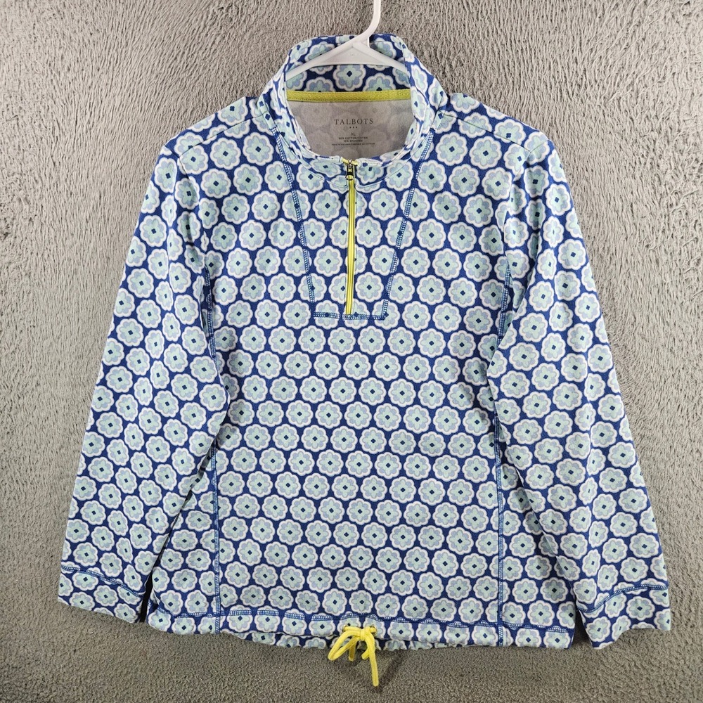Talbots Womens XL Blue Floral Geometric Quarter Zip Pullover Drawstring Hem Top